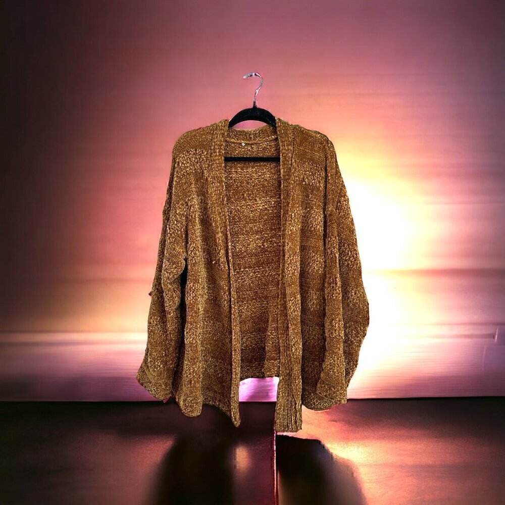 SUPER SOFT nubby buttery chenille gold cardigan - academia librarian teacher XL